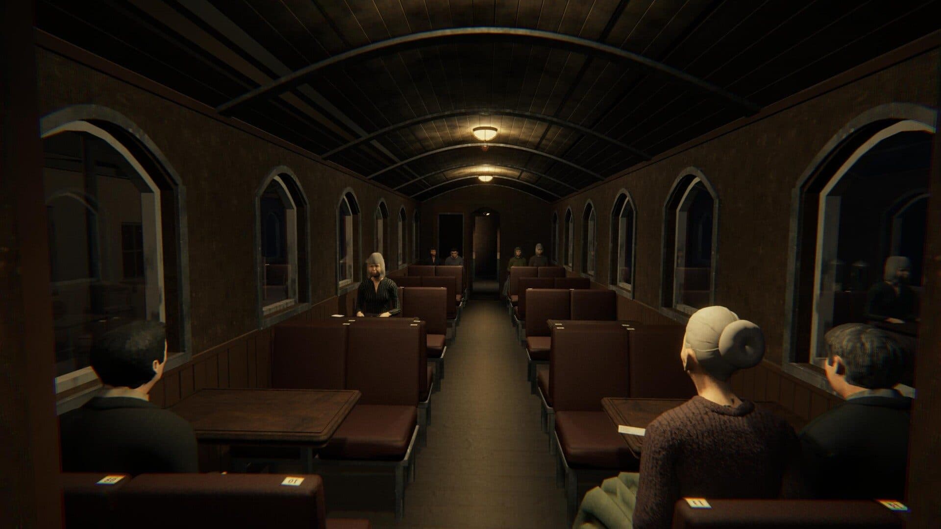 The dining car. Four tables, and the night in every window.
