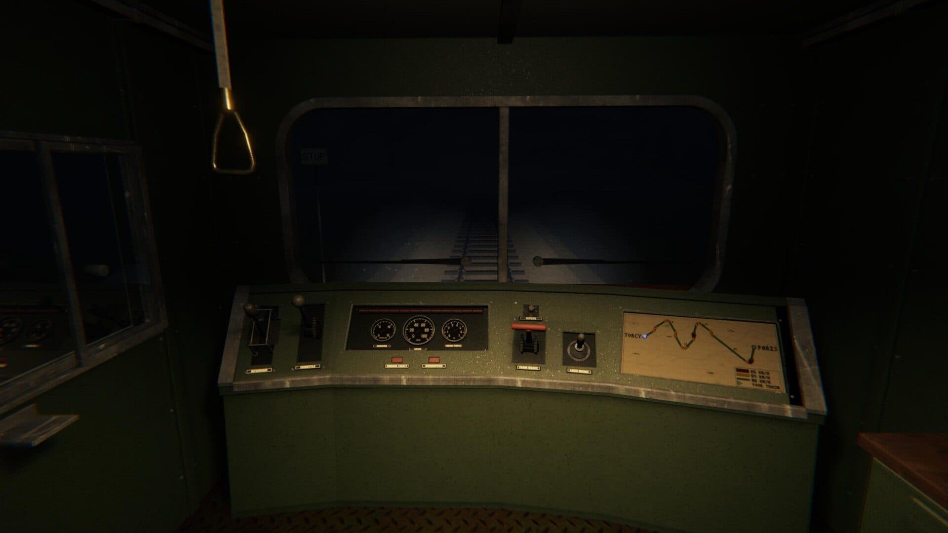 The cab. Throttle, brake, radio, route map.