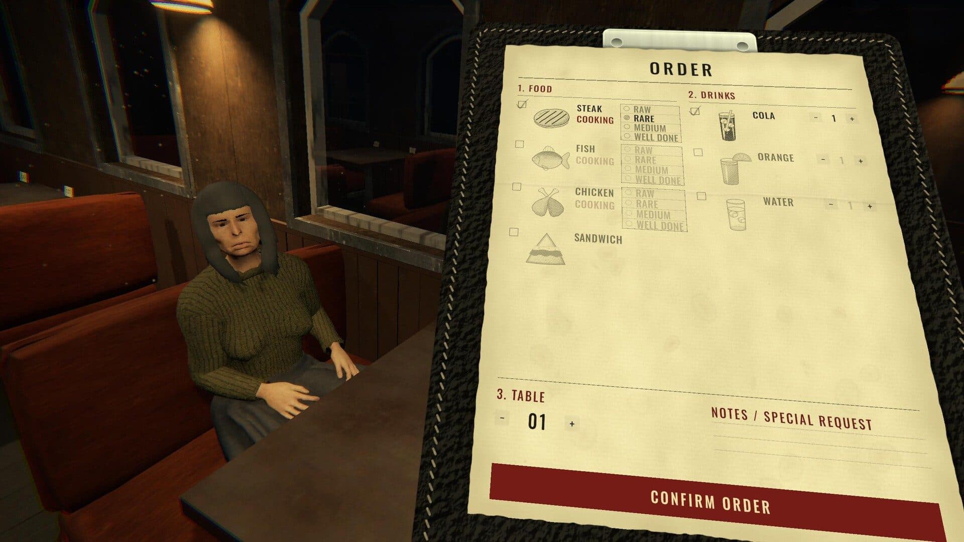 The order pad. Steak, fish, chicken — and how they want it done.